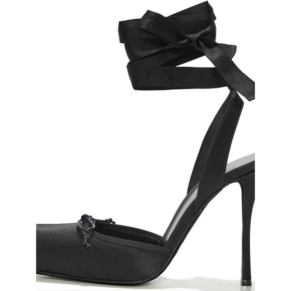 (D-4779) Satin Ballet Shoes Stiletto High Heels Closed Square Toe Sz 8.5 - Picture 13 of 17
